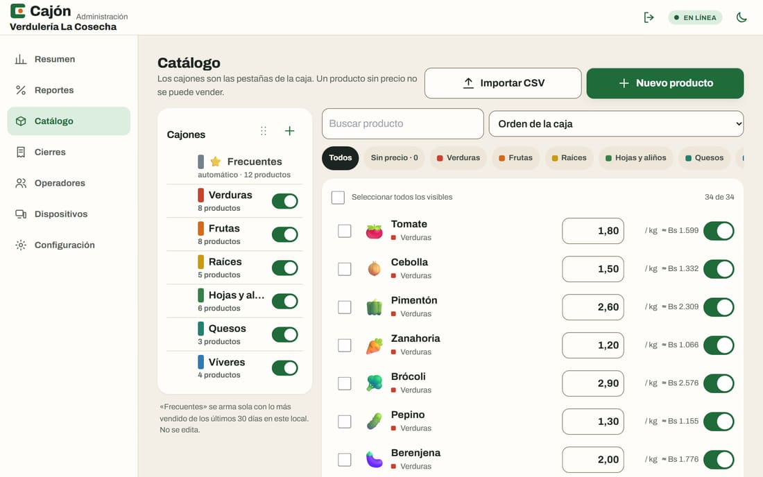 Catálogo en computadora: cajones (categorías) a la izquierda y productos con su precio editable, su equivalente en bolívares y un interruptor para mostrarlos en la caja.