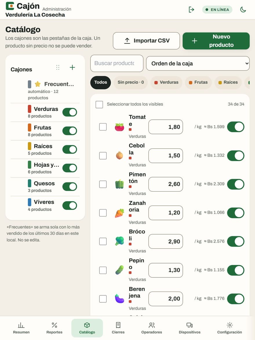 Catálogo en tableta con la lista de productos y sus precios.