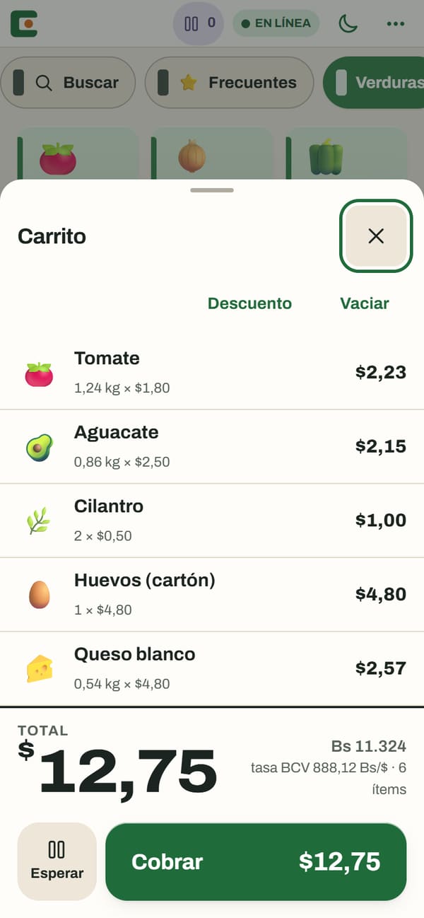 Carrito abierto en el teléfono con kilos y unidades, total $12,75 y su equivalente en bolívares.