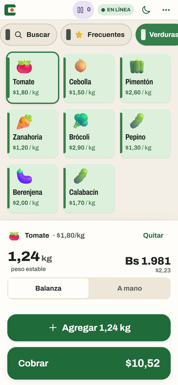 Caja en el teléfono: el tomate está en la balanza con 1,24 kg, peso estable, y el botón Agregar.