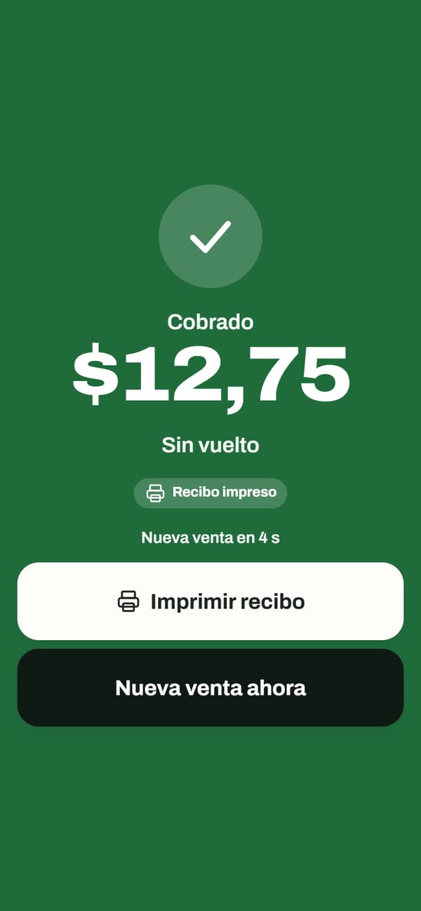 Venta cobrada en el teléfono: pantalla verde con el monto y los botones Imprimir recibo y Nueva venta.
