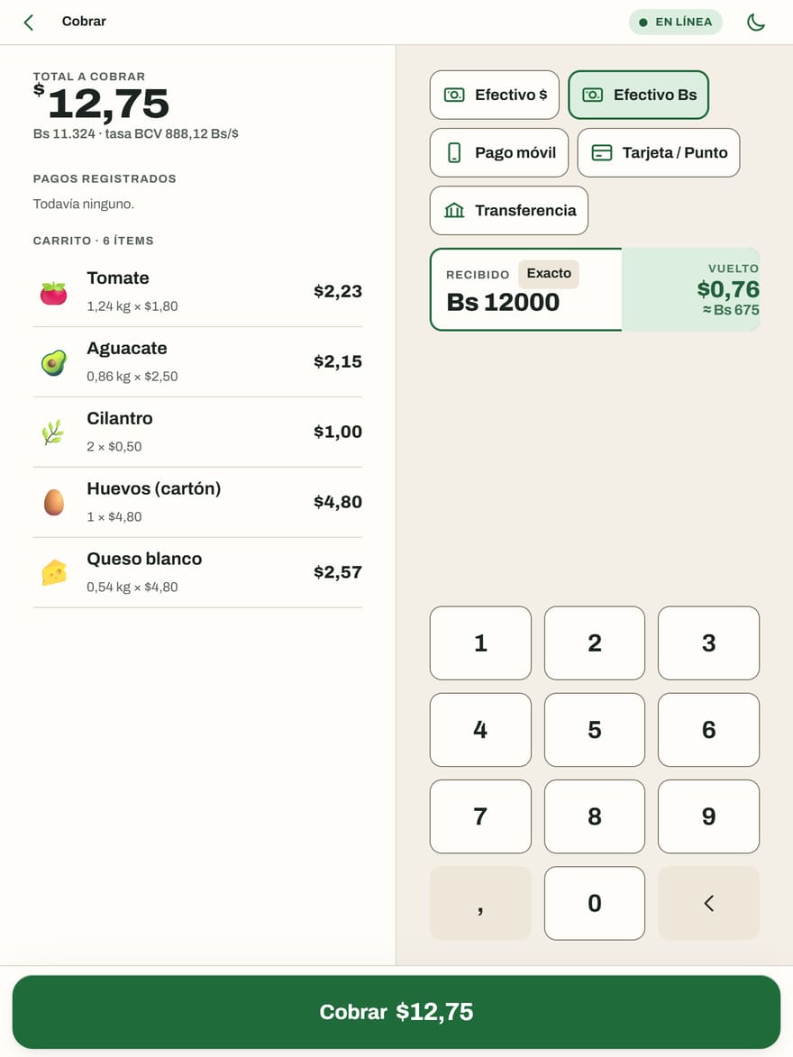 Cobro en tableta: el cliente entrega Bs 12.000 en efectivo por un total de $12,75 y Cajón calcula el vuelto en dólares y su equivalente en bolívares.