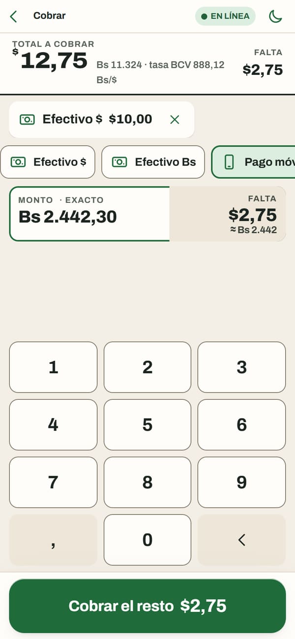 Pago mixto: ya se registraron $10 en efectivo y falta cobrar $2,75 por pago móvil, que equivale a Bs 2.442,30.