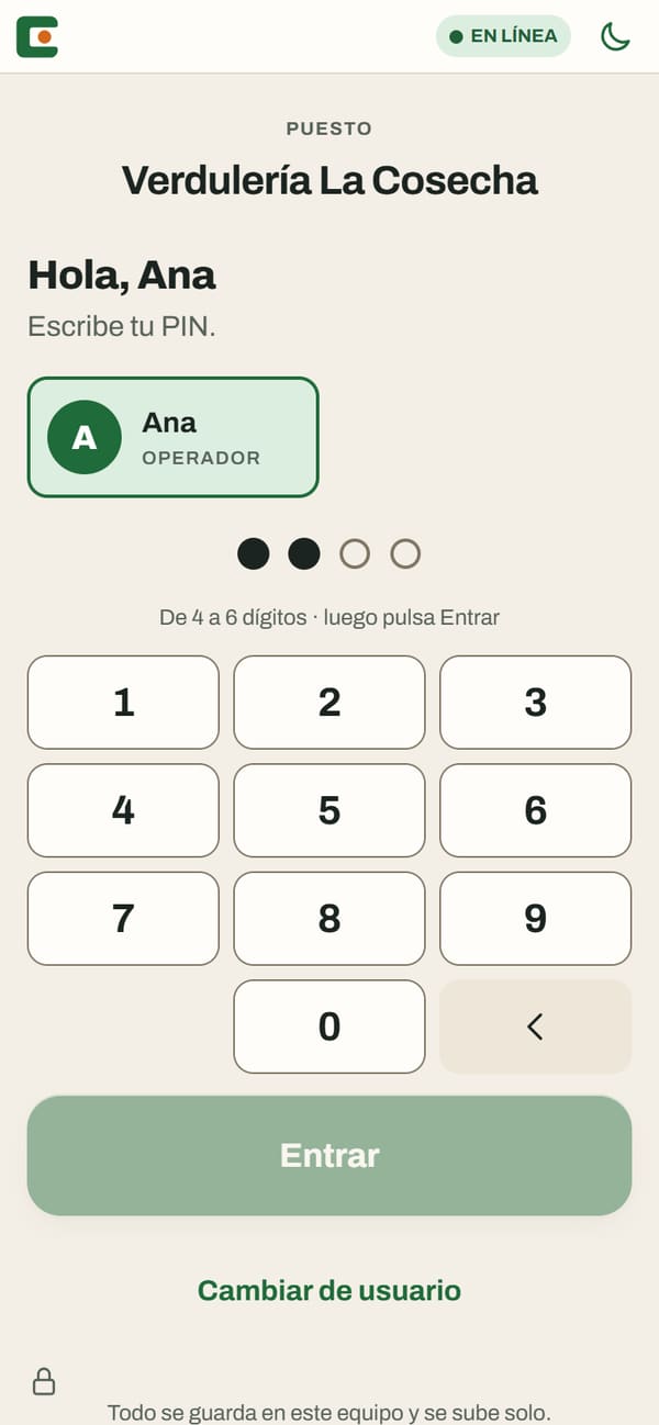 Pantalla de entrada de la caja: la cajera Ana escribe su PIN en un teclado grande.