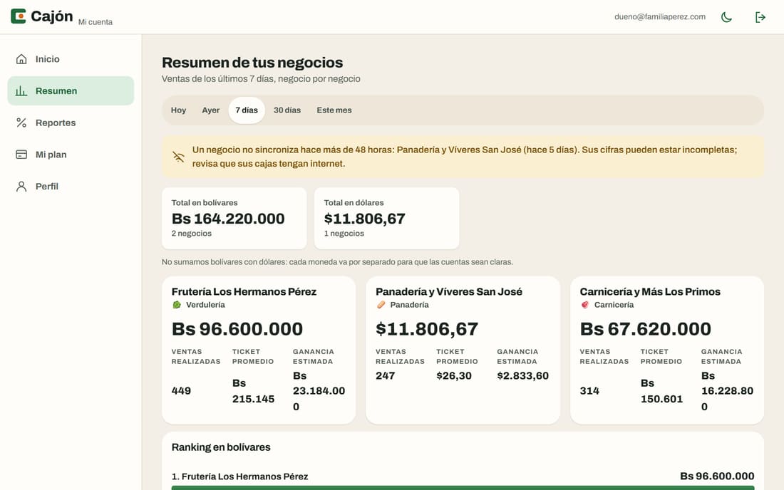 Resumen consolidado del portal: el total en bolívares y el total en dólares por separado, sin sumarlos, y una tarjeta por negocio con ventas realizadas y ticket promedio.