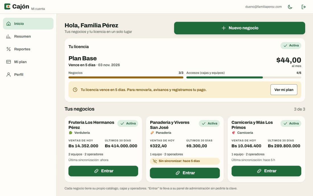 Inicio del portal: licencia del plan con vencimiento y la lista de tres negocios de rubros distintos (verdulería, panadería y carnicería), cada uno con sus ventas de hoy, de los últimos 30 días y su botón Entrar.