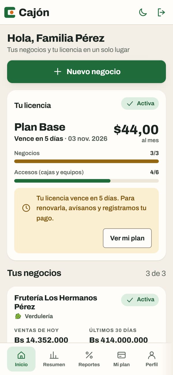 Inicio del portal: licencia del plan con vencimiento y la lista de tres negocios de rubros distintos (verdulería, panadería y carnicería), cada uno con sus ventas de hoy, de los últimos 30 días y su botón Entrar. (en teléfono)