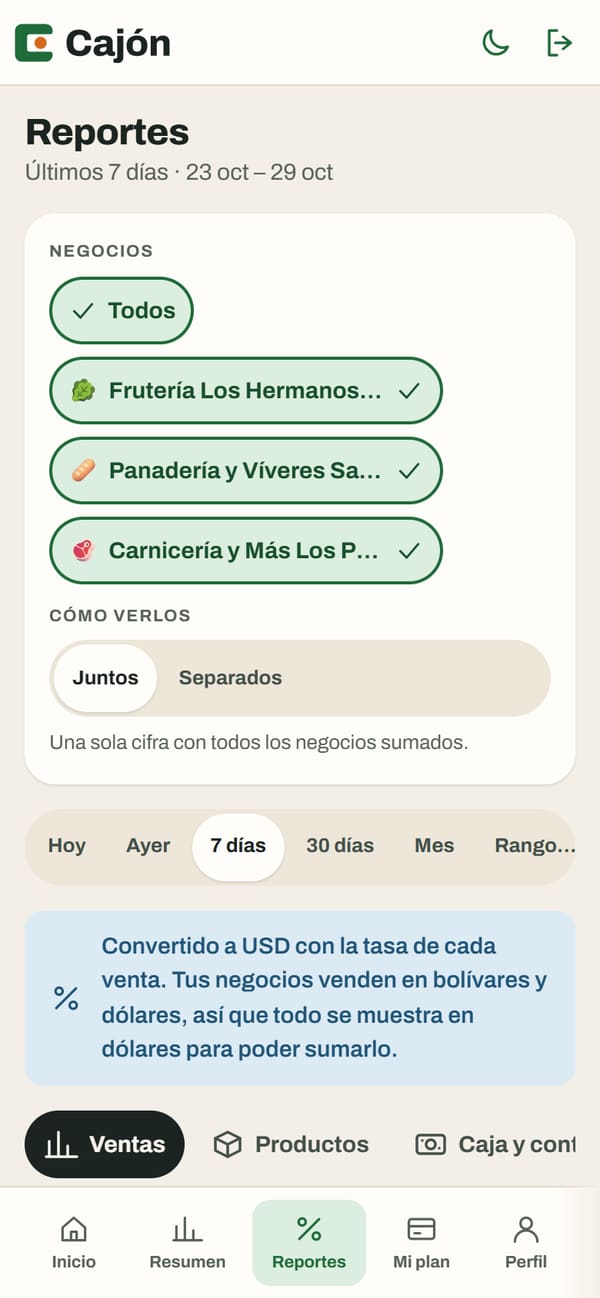 Reportes del portal con los negocios juntos: se eligen los negocios y se ve el conjunto, con un aviso de que las cifras se convierten a dólares. (en teléfono)