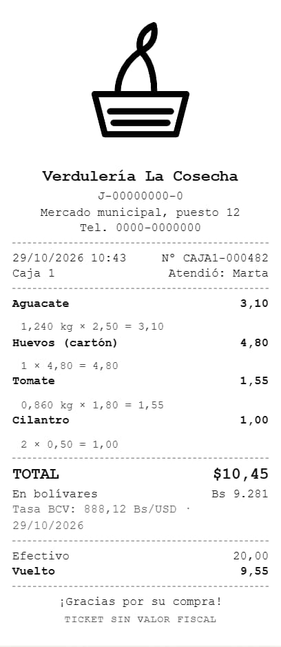 Ticket de 58 mm: logo y datos del comercio, productos con su peso, total en dólares, equivalente en bolívares, tasa BCV del día, pago, vuelto y la leyenda Ticket sin valor fiscal.